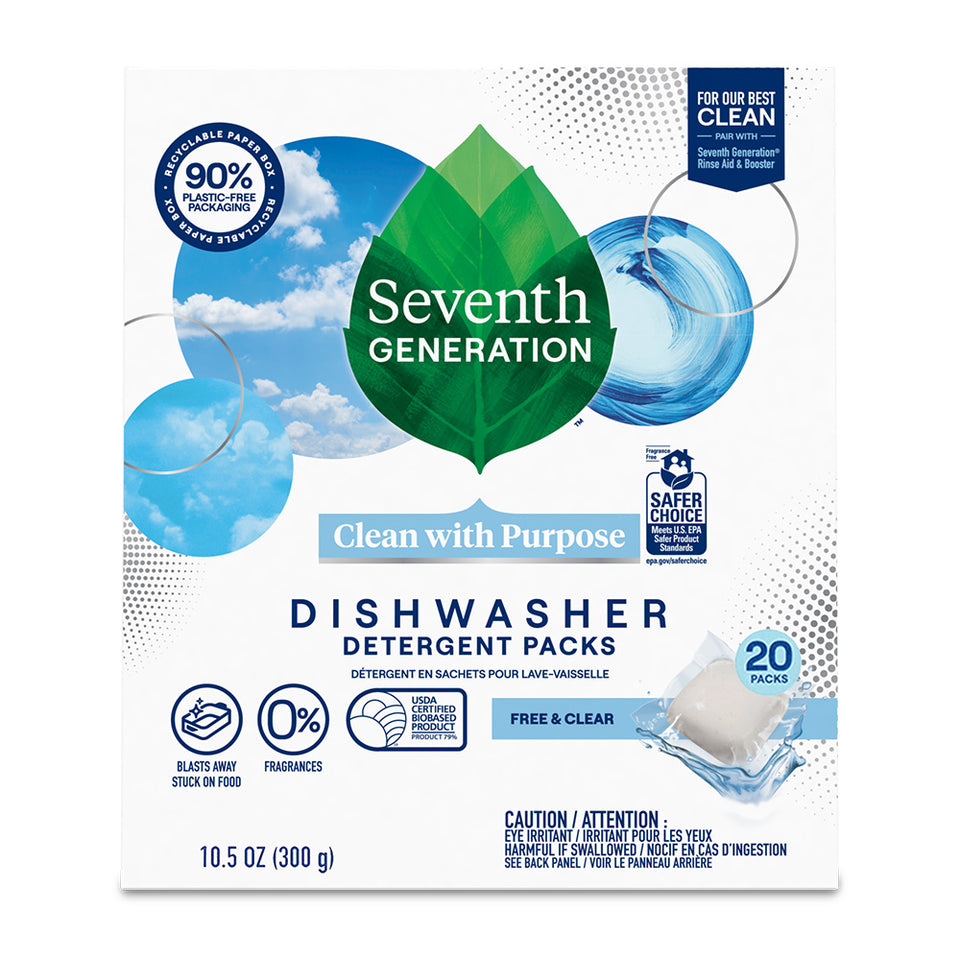 セブンスジェネレーション_クリーンウィズパーパス食器洗い機用洗剤パック フリー&クリア、20パック