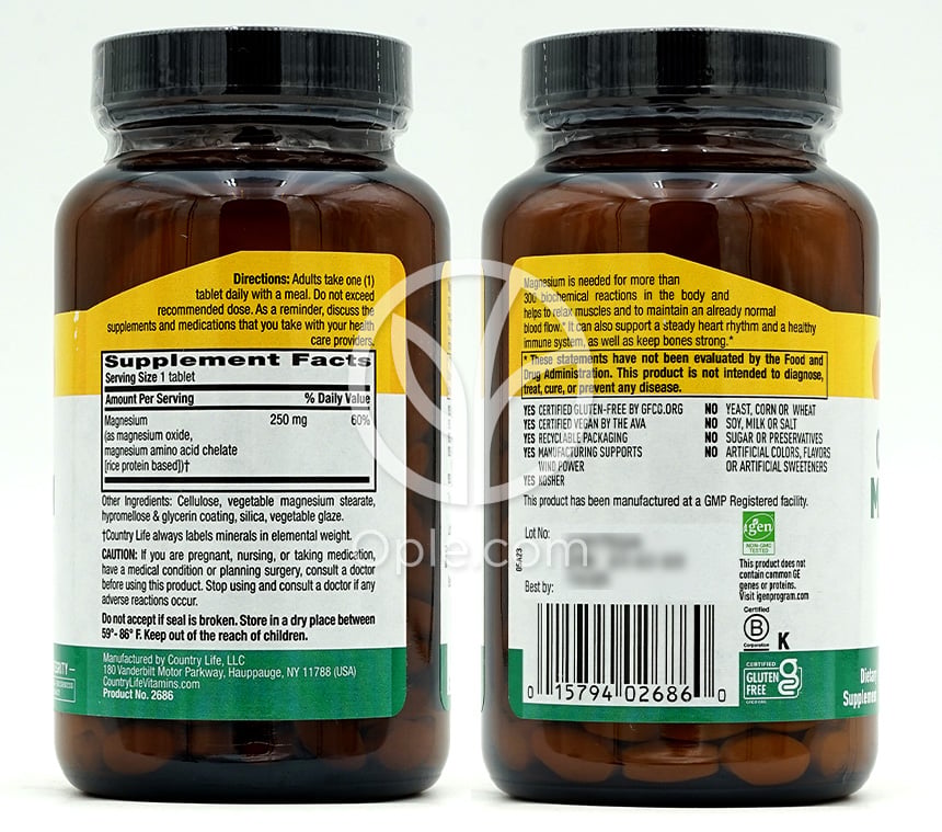 컨트리라이프_킬레이트 마그네슘 250mg, 180타블렛 — 후면