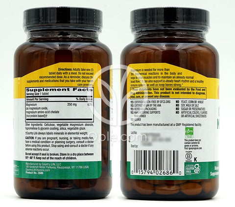 컨트리라이프_킬레이트 마그네슘 250mg, 180타블렛