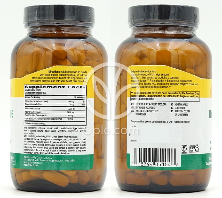 컨트리라이프_펩신 함유 베타인 염산염, 600mg, 250정 — 후면