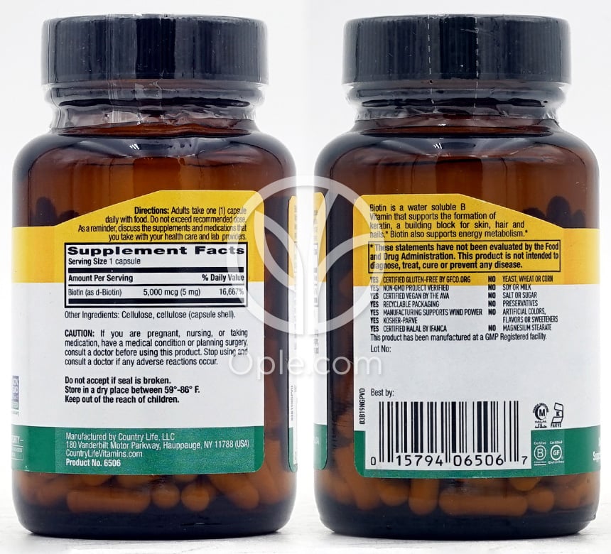 컨트리라이프_하이 포텐시 비오틴 5mg, 120 베지캡슐 — 후면