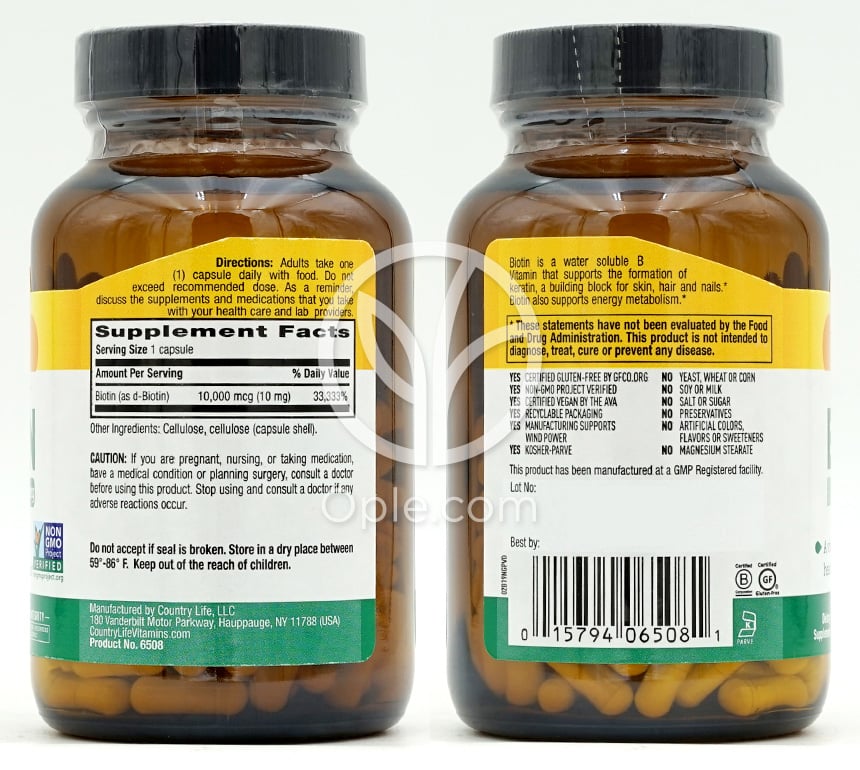 カントリーライフ_ビオチン10mg、120ベジカプセル — 후면