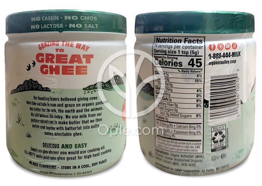 오가닉밸리_퓨리티 팜스 오가닉 기(Ghee) 무염 버터, 368g — 후면