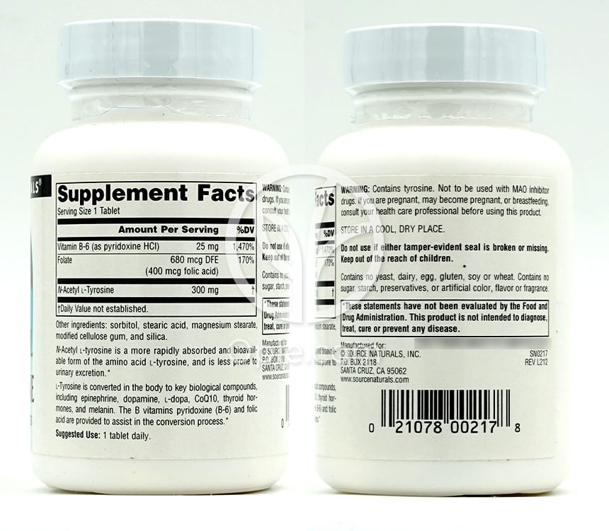 ソースナチュラルズ_N-アセチル L-チロシン 300mg、120タブレット — 후면