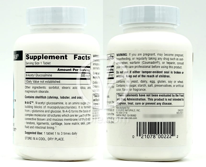 소스내추럴스_N-A-G (N-아세틸 글루코사민) 500mg, 120타블렛 — 후면