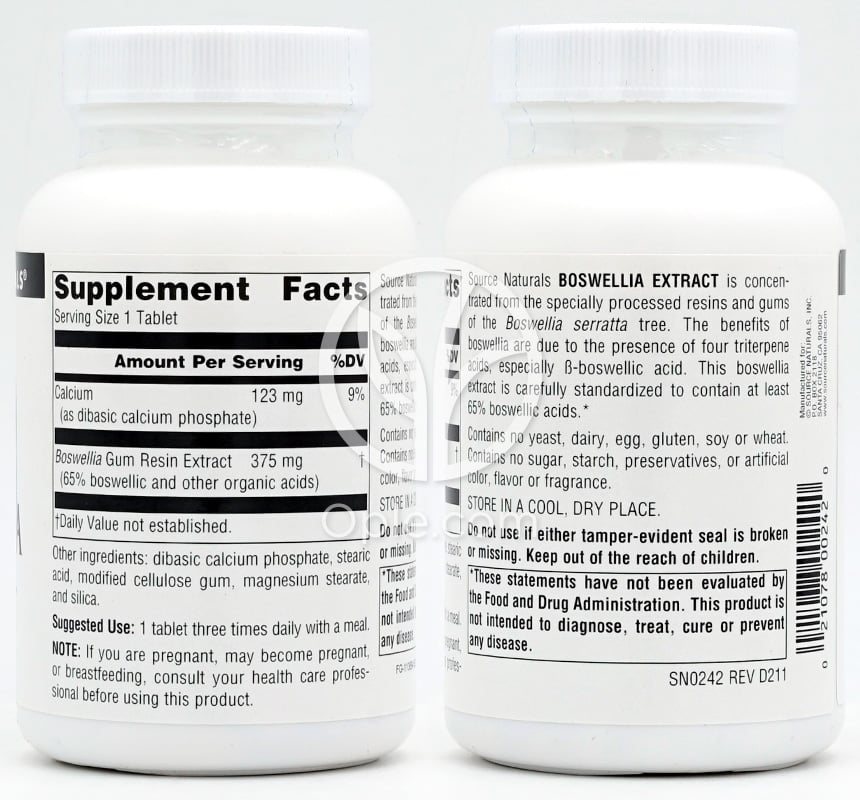 Source Naturals ボスウェリア抽出物, 100錠 — 후면
