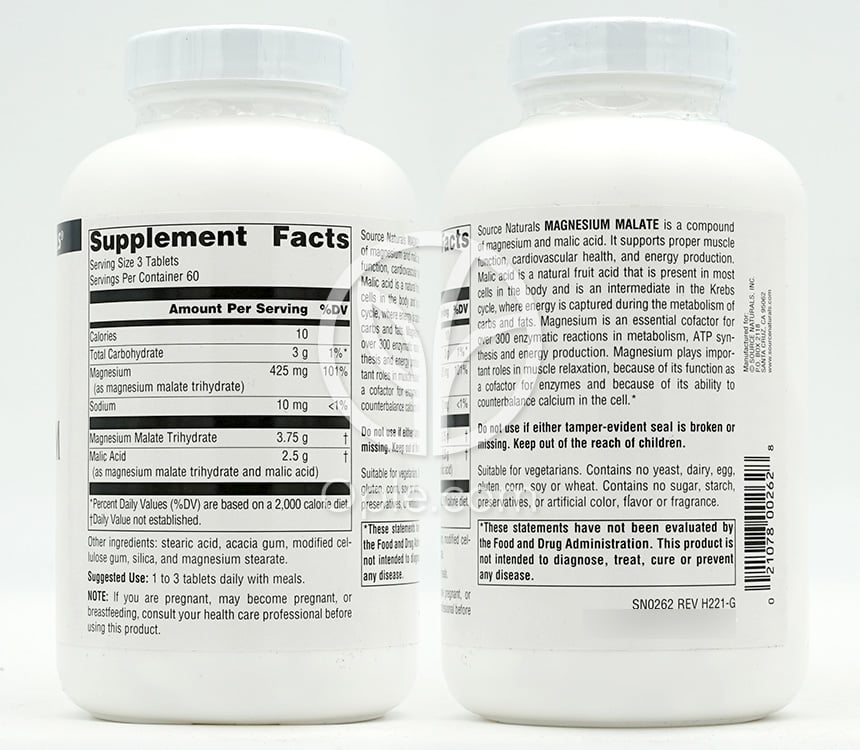 소스내추럴스_마그네슘 말레이트 3750mg, 180타블렛 — 후면