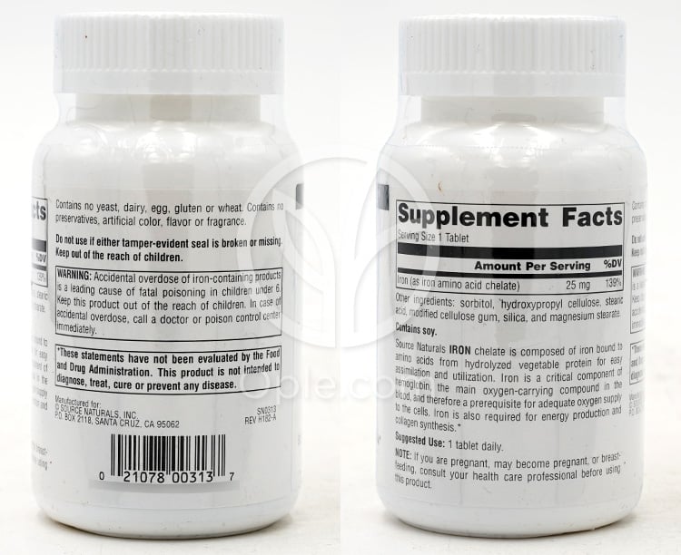 ソースナチュラルズ_アイアン 25mg、250錠 — 후면