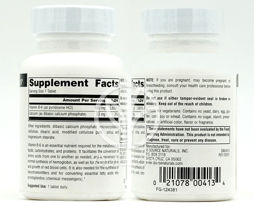 소스내추럴스_B-6 (비타민 B-6) 100mg, 100타블렛 — 후면