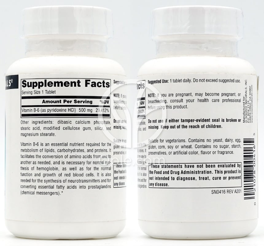 소스내추럴스_B-6 500mg, 100타블렛 — 후면