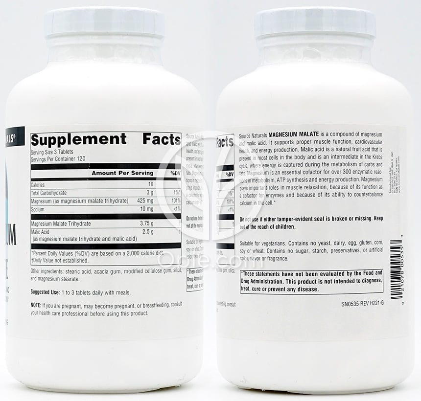 소스내추럴스_마그네슘 말레이트 3,750mg, 360타블렛 — 후면