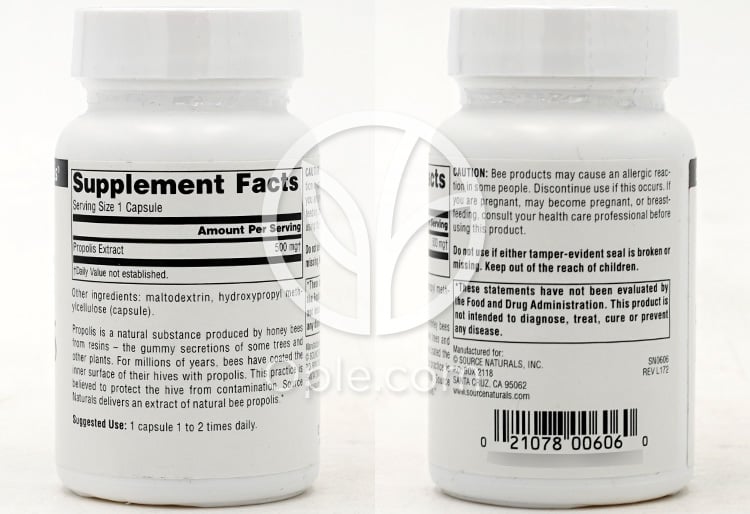 소스내추럴스_프로폴리스 추출물 500mg, 60캡슐 — 후면