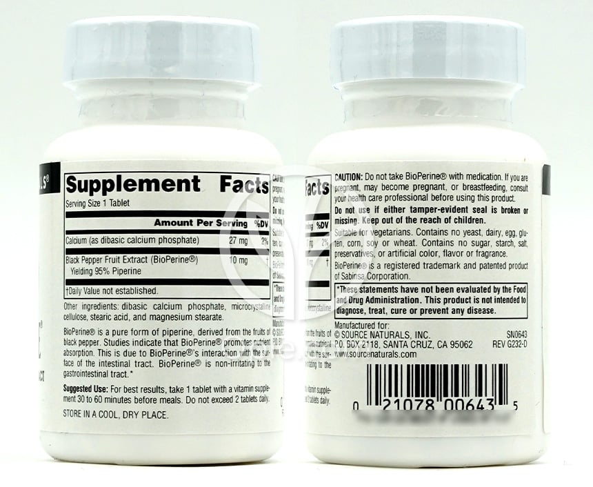 소스내추럴스_바이오페린 10mg, 60타블렛 — 후면