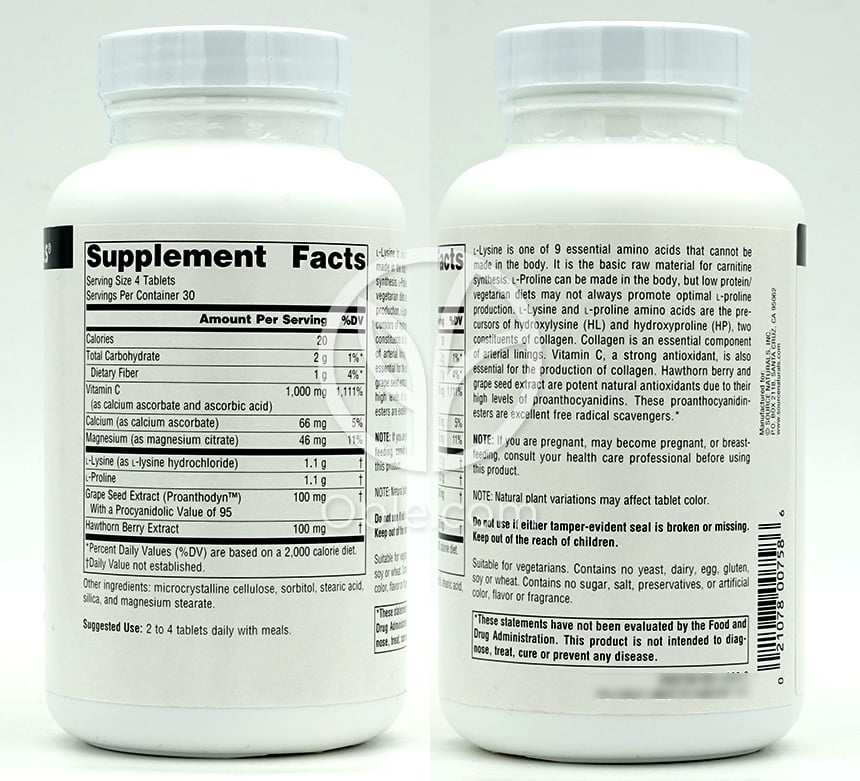 소스내추럴스_프롤린&라이신 550mg, 120타블렛 — 후면