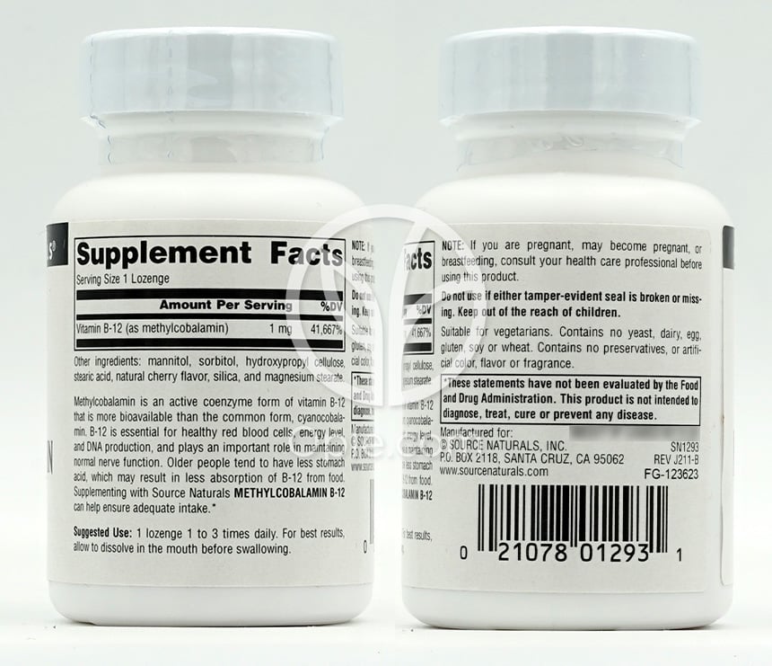 소스내추럴스_메틸 코발라민 비타민 B-12 체리 맛 1mg, 120 로젠지 — 후면