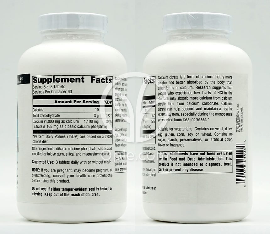 소스내추럴스_칼슘 시트레이트 1000mg, 180타블렛 — 후면