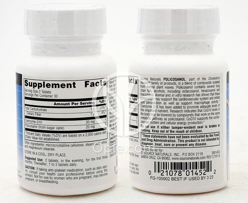 소스내추럴스_폴리코사놀 위드 코엔자임Q10 10mg, 60타블렛 — 후면