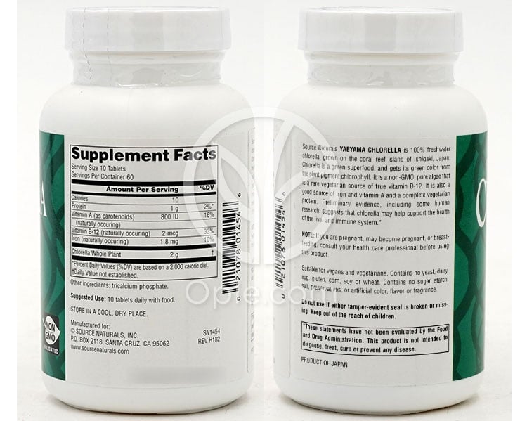 Yaeyama Chlorella 200 mg 600 Tablet(s) — 후면