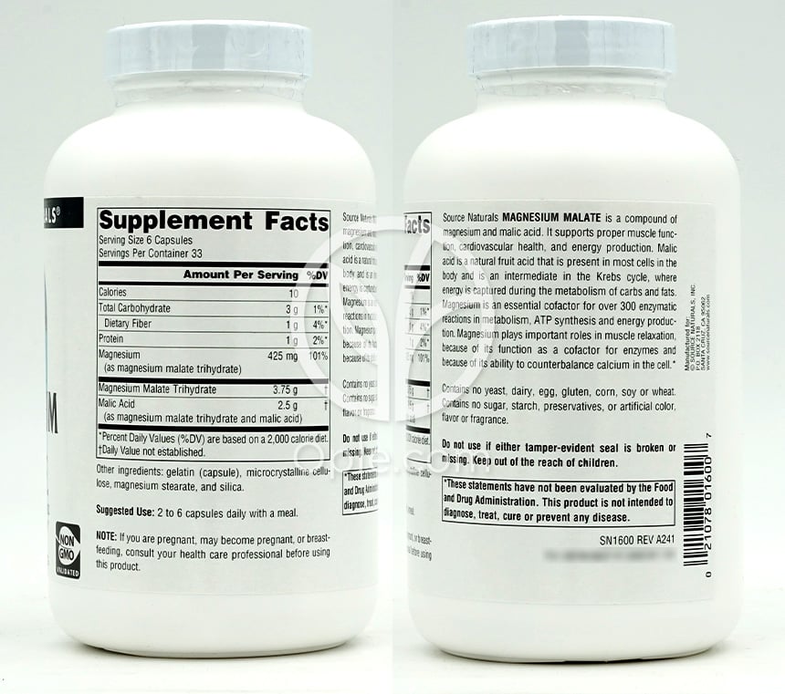 소스내추럴스_마그네슘 말레이트 3750mg, 200캡슐 — 후면