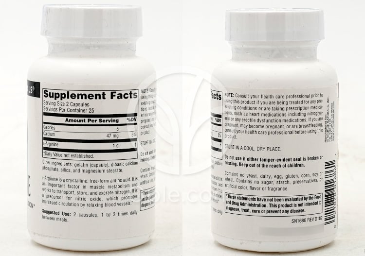 ソースナチュラルズ_L-アルギニン 500mg、50カプセル — 후면