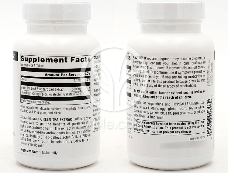소스내추럴스_그린 티 추출물 500mg, 120타블렛 — 후면