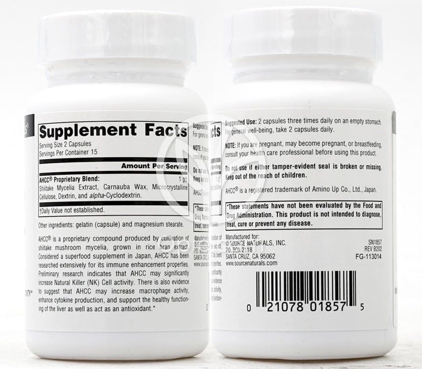 소스내추럴스_AHCC 인크리즈 내추럴 킬러 셀 액티비티 500mg, 30캡슐 — 후면