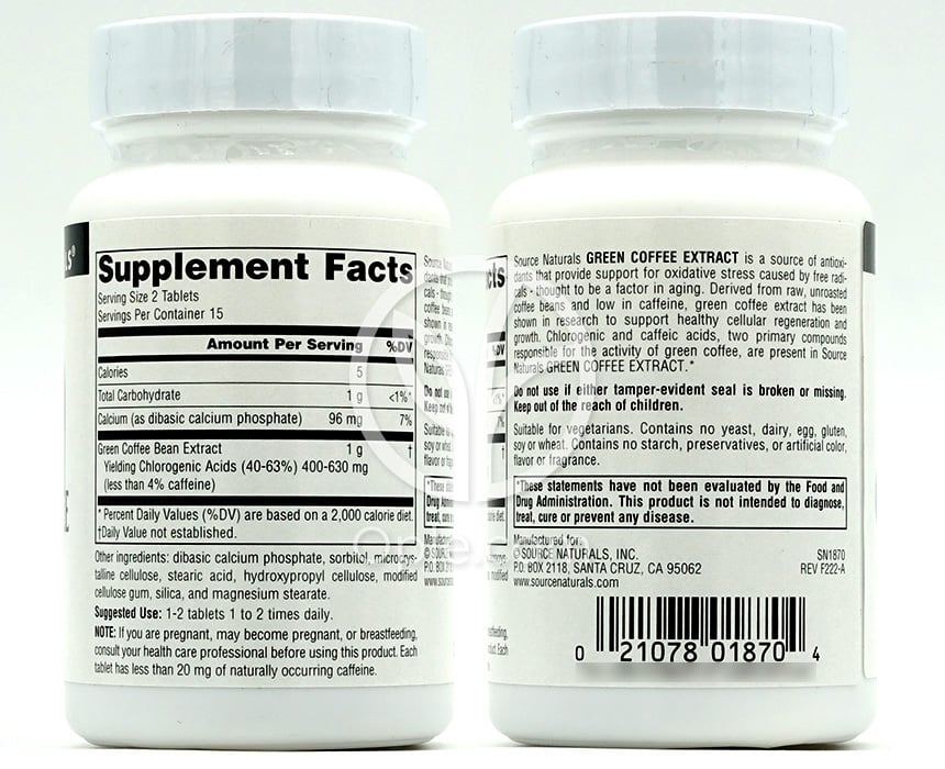Green Coffee Extract 500 mg, 30 Tablets — 후면