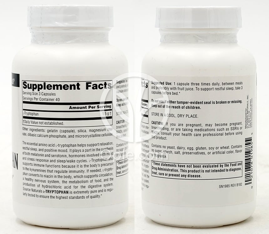 ソースナチュラルズ_L-トリプトファン 500mg、120カプセル — 후면