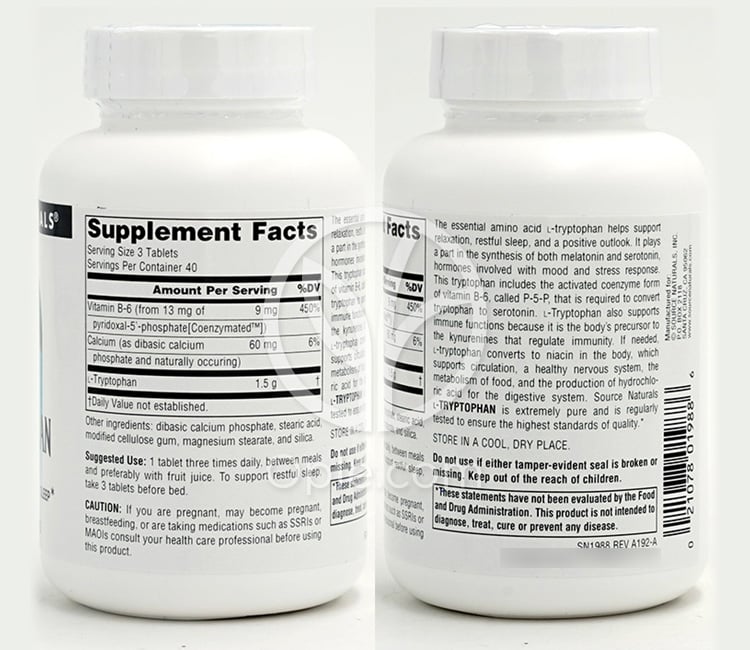 ソースナチュラルズ_L-トリプトファン ビタミンB-6配合 500mg、120タブレット — 후면