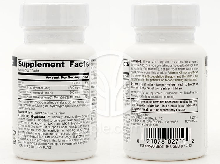 소스내추럴스_비타민 K2 어드밴티지 2200mcg, 60타블렛 — 후면