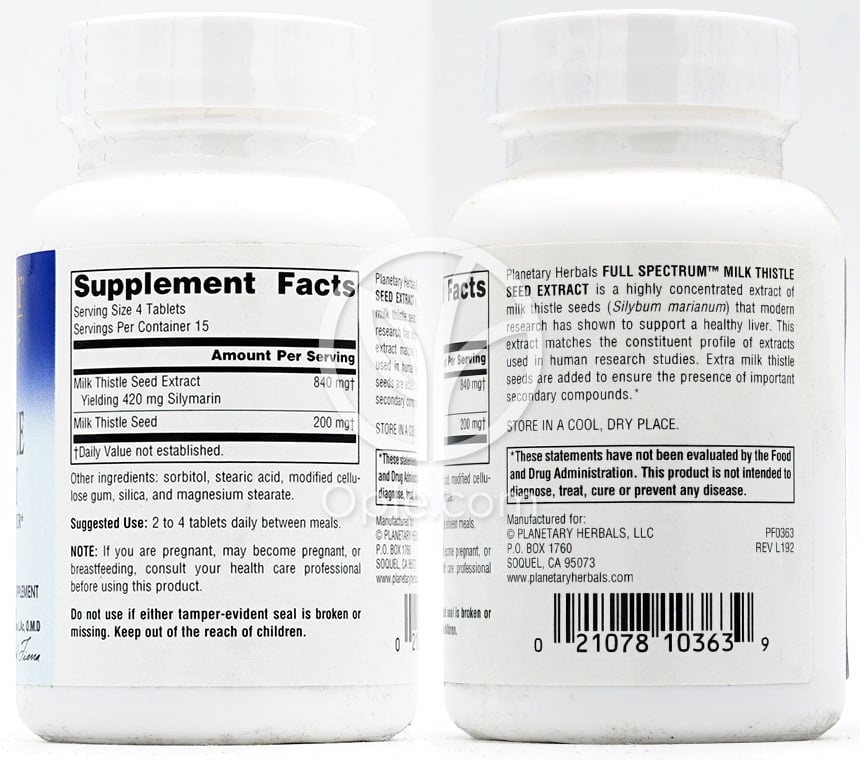 플래니터리허벌_풀 스팩트럼 밀크씨슬 씨드 추출물 260mg, 60타블렛 — 후면