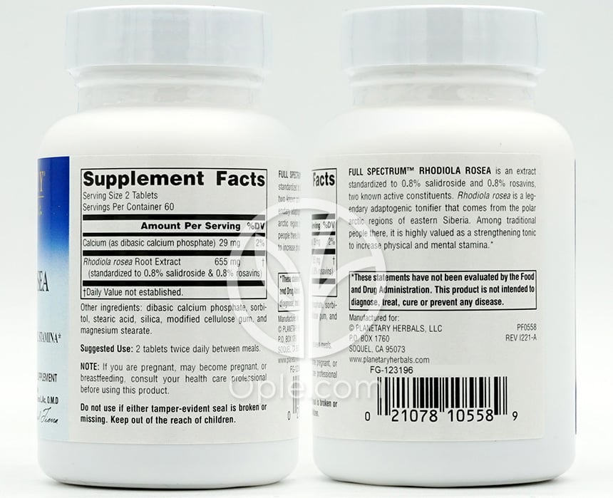 플래니터리허벌_풀 스팩트럼 로디올라 로지아 추출물 327mg, 120타블렛 — 후면