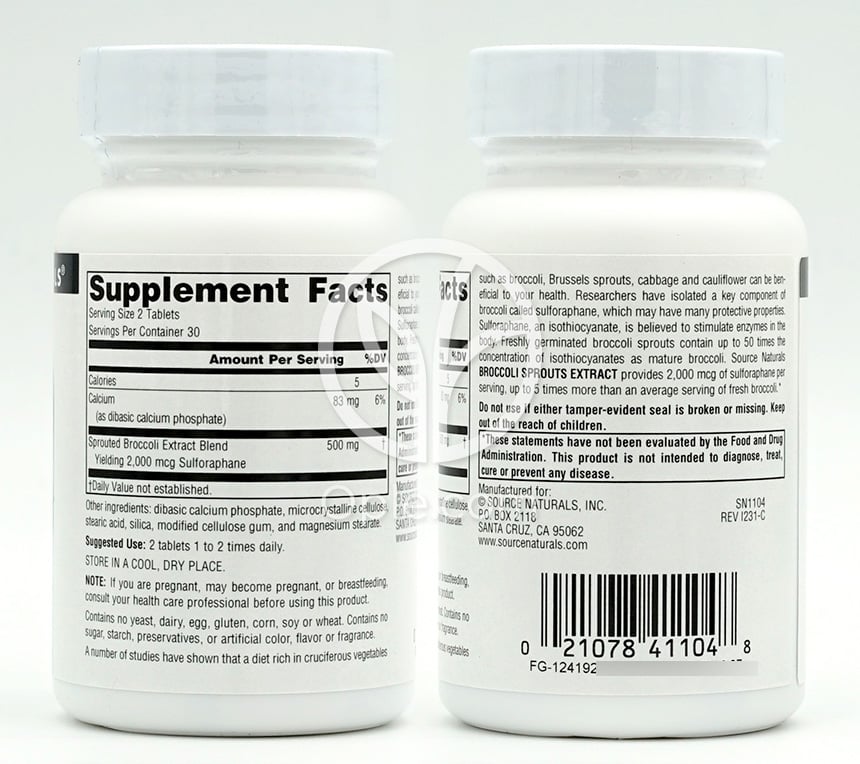 소스내추럴스_브로콜리 스프라우트 추출물 250mg, 60타블렛 — 후면
