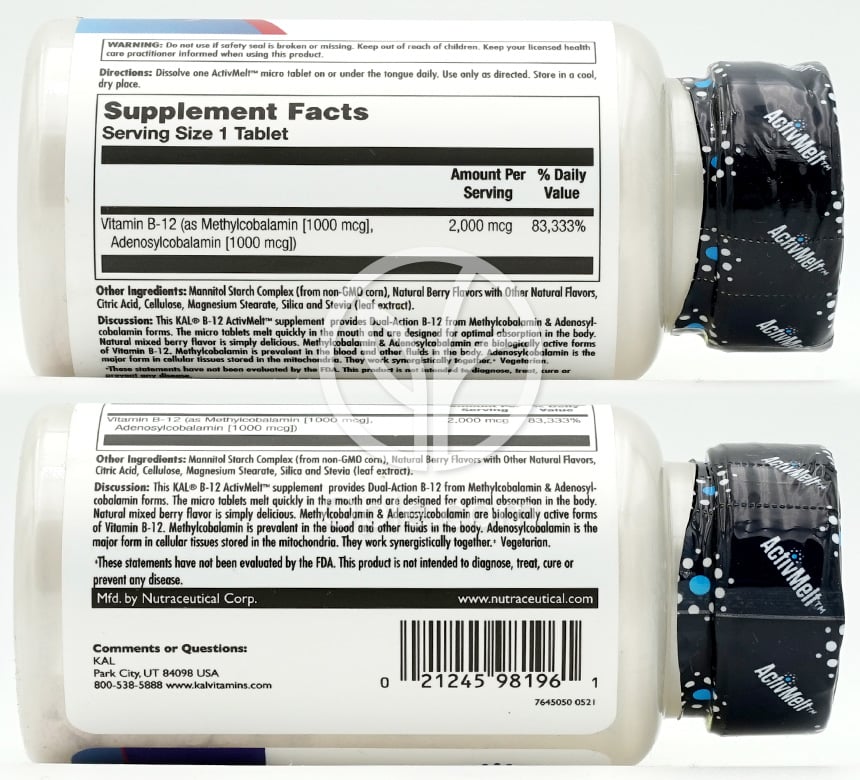 칼_비타민 B-12 메틸코발라민&아데노실코발라민 2000mcg 믹스드 베리 맛 , 60 마이크로타블렛 — 후면