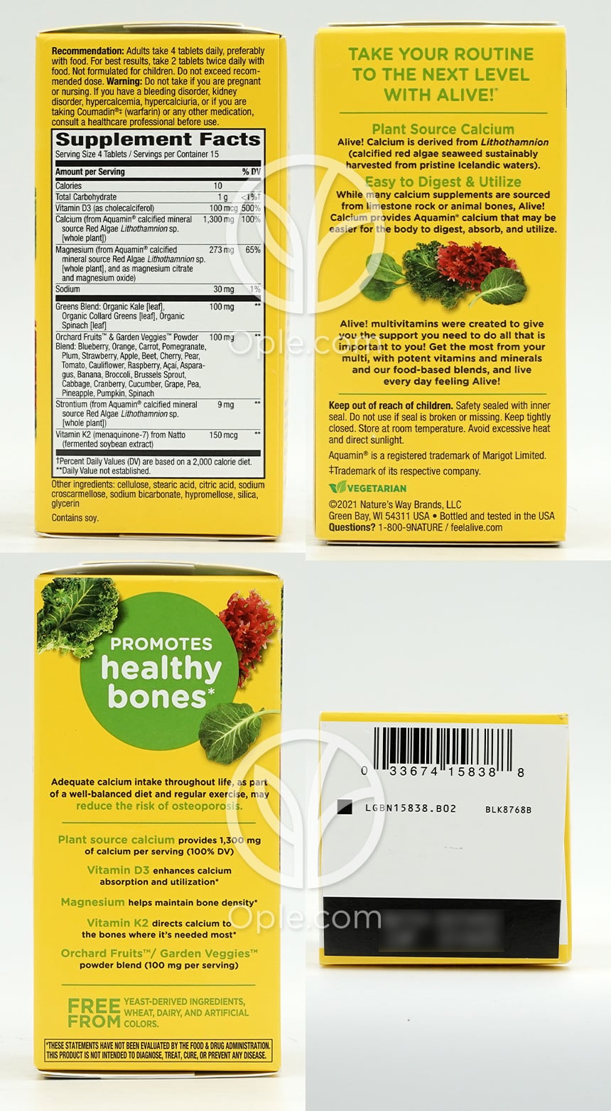 네이쳐스웨이_얼라이브 본 서포트 칼슘 고흡수 1300mg, 60타블렛 — 후면