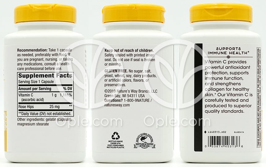 ネイチャーズウェイ_ビタミンC 1000mg ローズヒップ配合 エクストラストレングス、250カプセル — 후면