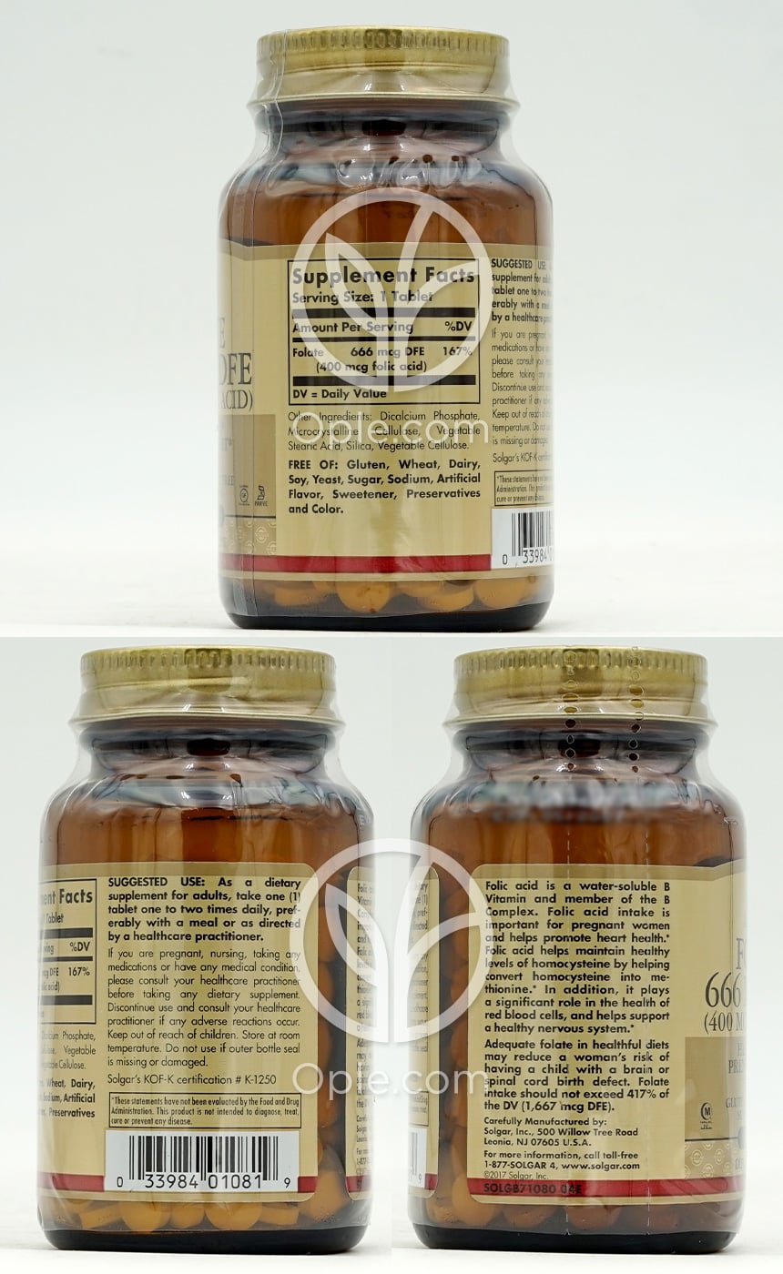 Solgar 葉酸 666mcg DFE (400mcg 葉酸)、250粒 — 후면