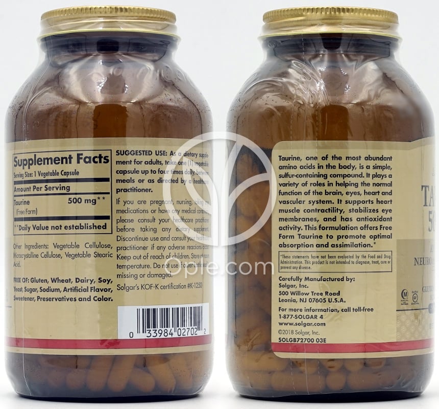 Solgar Taurine 500mg, 250植物性カプセル — 후면