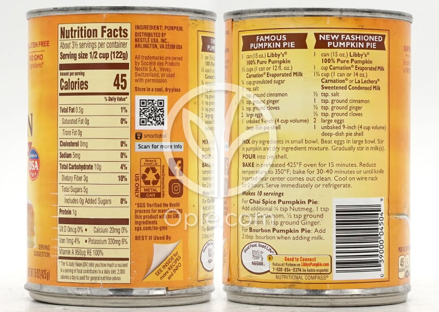 Canned Vegetable 100% Pure Pumpkin,  15 oz — 후면