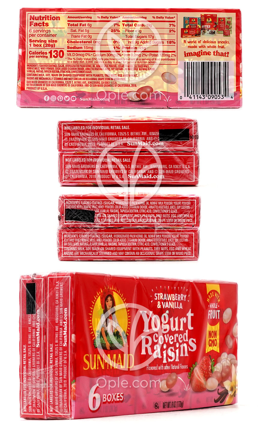 Yogurt Covered Raisins Strawberry & Vanilla Flavored, 1 oz x  6 Boxes — 후면