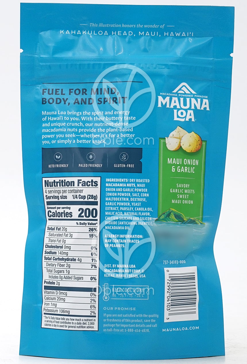 Dry Roasted Macadamias, Maui Onion & Garlic  4 oz — 후면