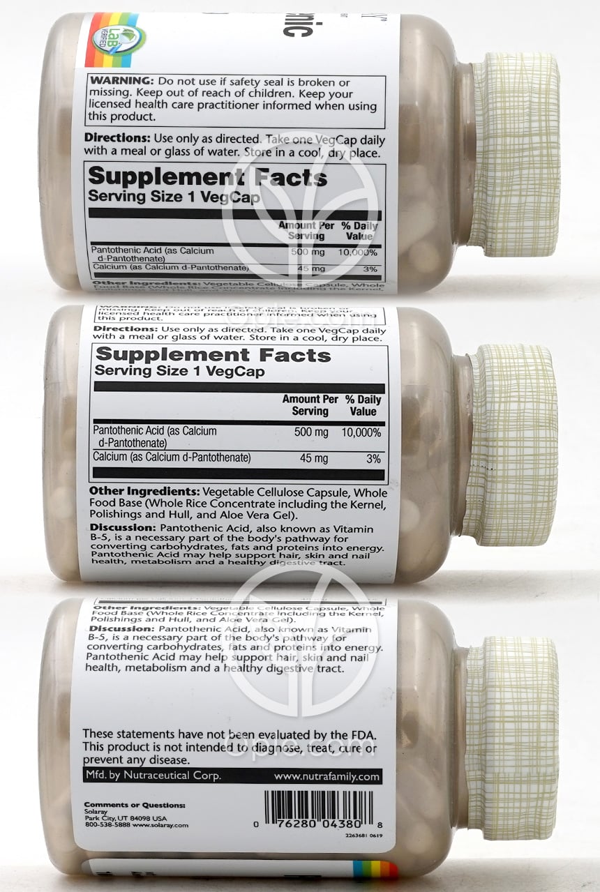 Pantothenic Acid 500 mg, 100 VegCaps — 후면