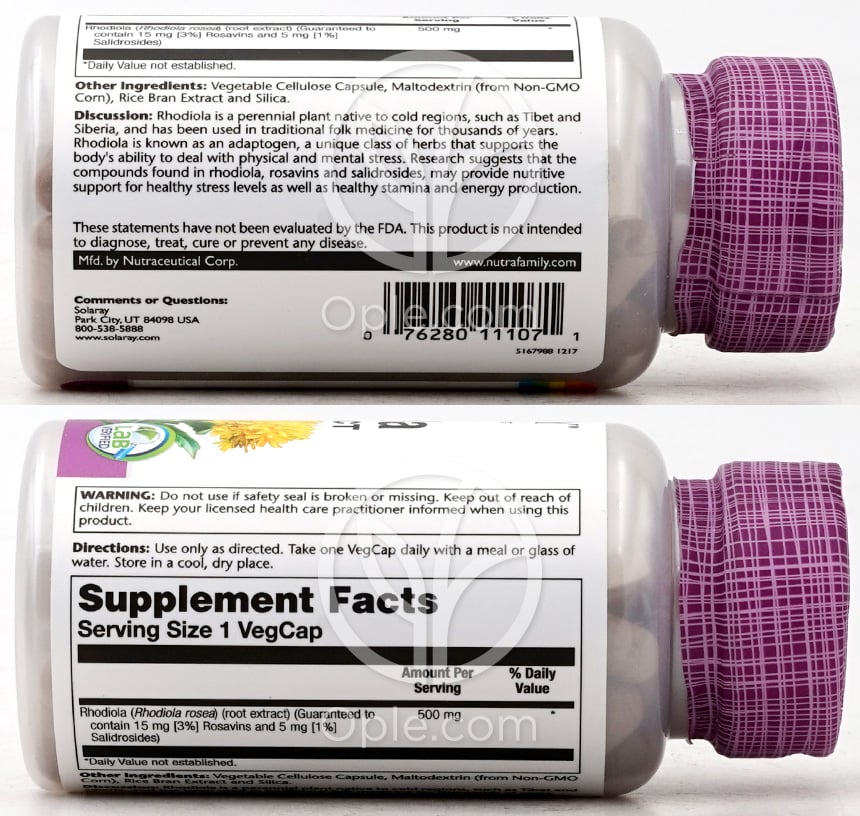 솔라레이_슈퍼 로디올라 루트 추출물 500mg, 60 베지캡슐 — 후면