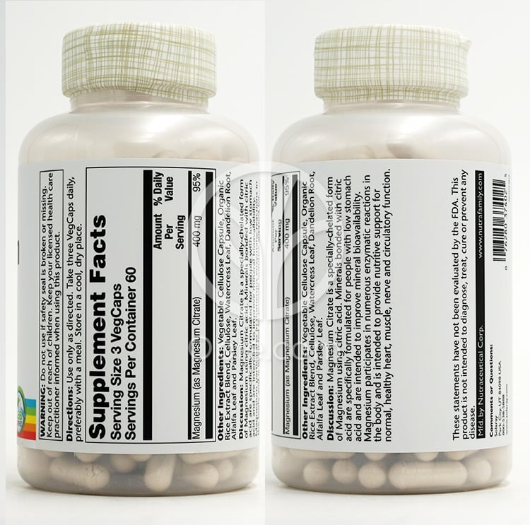 솔라레이_마그네슘 시트레이트 400mg, 180 베지캡슐 — 후면