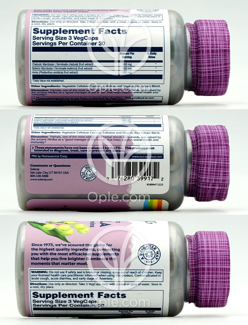 솔라레이 바이탈 추출물 트리팔라 1500mg, 90 베지캡슐 — 후면