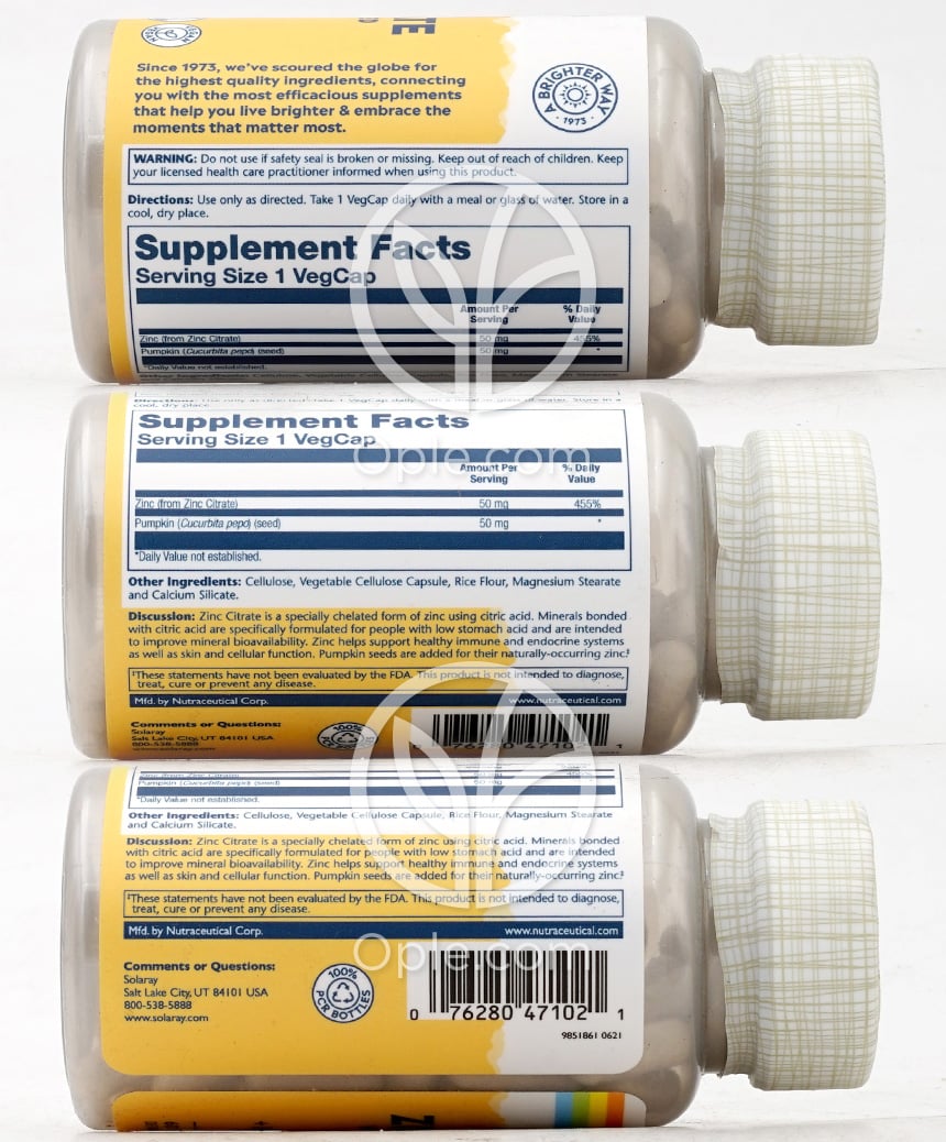 Solaray 高吸収クエン酸亜鉛 パンプキンシード配合 50mg 60ベジカプセル — 후면