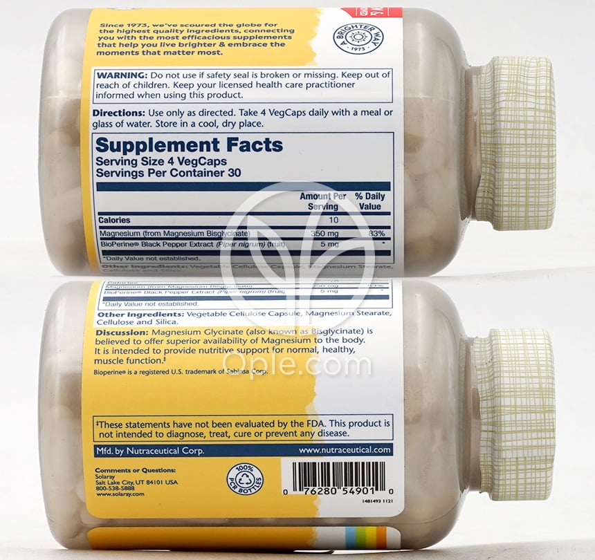 솔라레이_고흡수 마그네슘 글리시네이트 350mg, 120 베지캡슐 — 후면