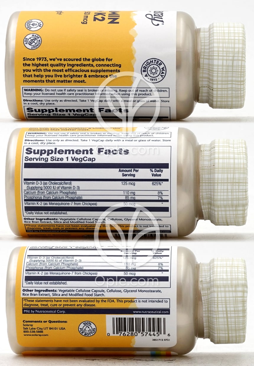Solaray ビタミンD3 (125mcg)+K2 (50mcg), 120ベジカプセル — 후면