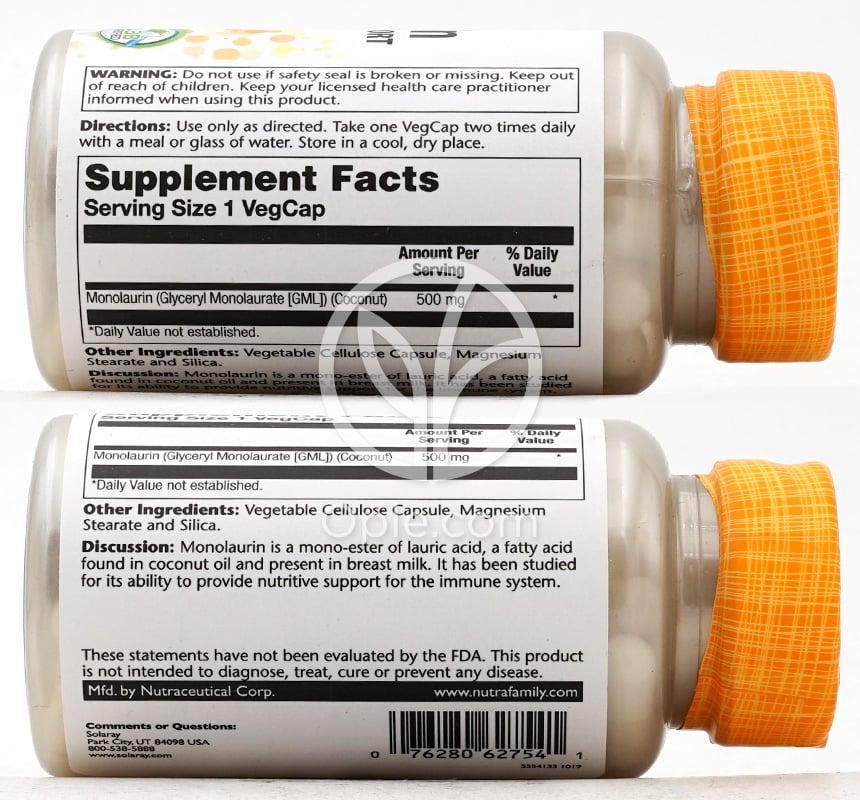 솔라레이_모노라우린 이뮨 시스템 서포트 500mg, 60 베지캡슐 — 후면