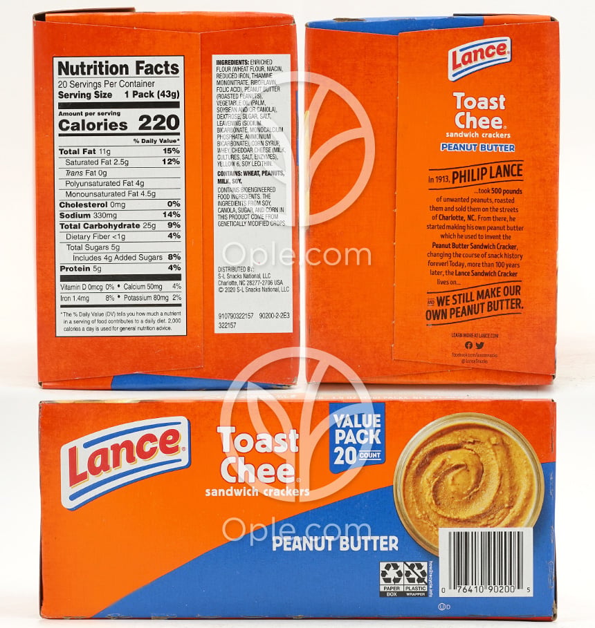 Toast Chee Sandwich Crackers Peanut Butter Value Pack,  20 Packs — 후면